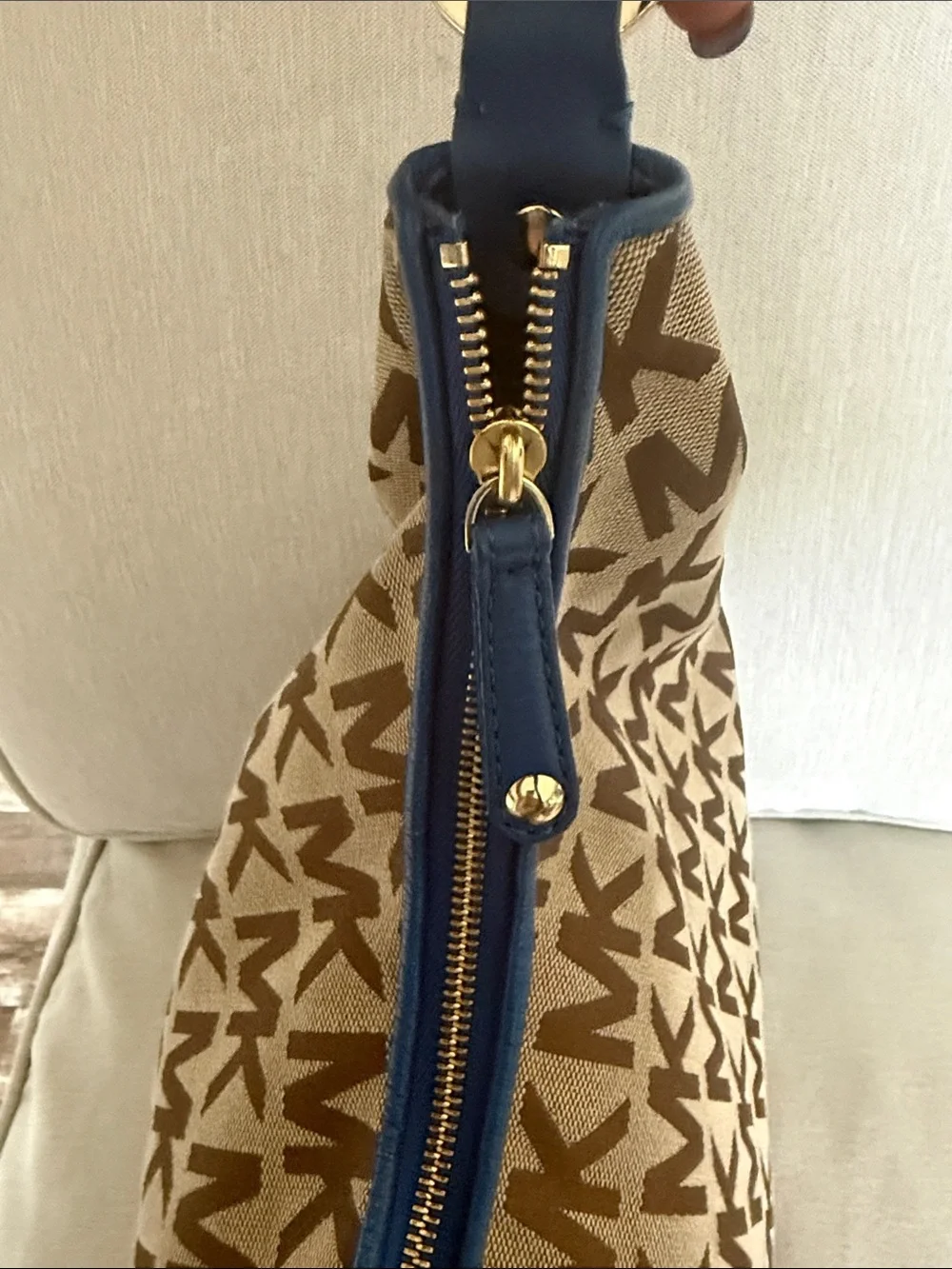 MK Signature Monogram Hobo Shoulder Bag + Zip Around Wallet Set Blue Leather